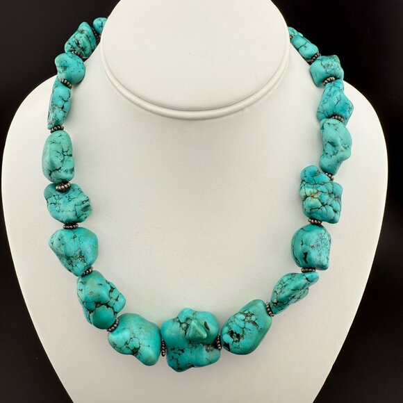 Chunky Turquoise Howlite Nugget Necklace With Silver Tone Accents & Toggle Clasp - Picture 1 of 8